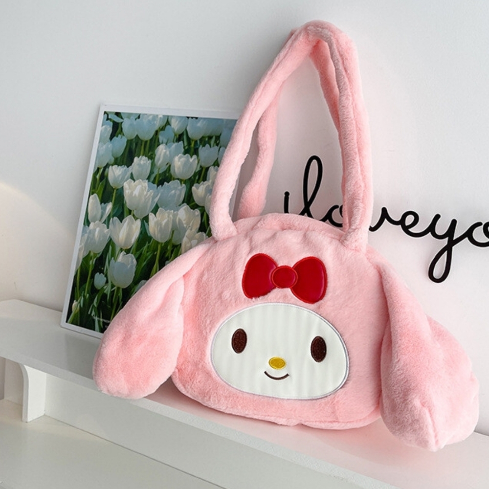 Pink Plush Character Tote with Red Bow